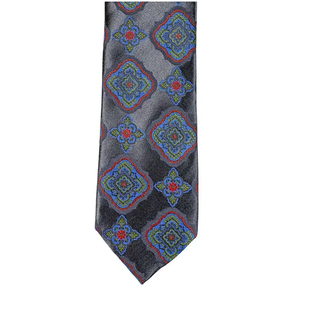 Santorelli Silk Tie Long Gray Blue Orange Green Medallion Made Italy 61